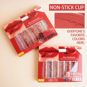 Detail view of the QICIY 6-piece matte velvet lip gloss set in its red packaging.