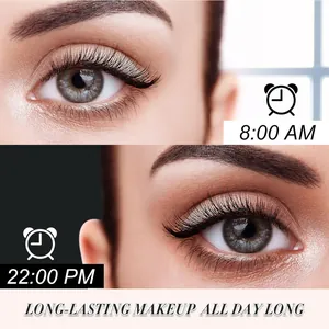 Nahaufnahme des langanhaltenden, wasserfesten Mascara-Effekts auf Wimpern von 8 bis 22 Uhr.
