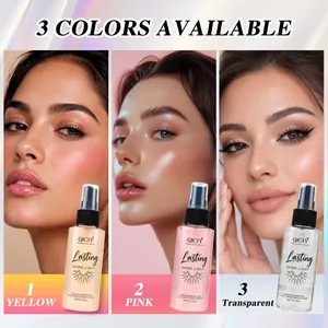 Three variants of QICIY long-lasting makeup setting spray: yellow, pink, and clear.