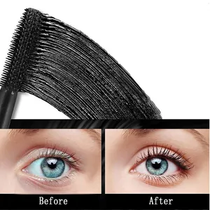 Nahaufnahme der Mascara-Bürste und Vorher-Nachher-Effekt für dichte Wimpern