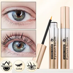Eyelash growth serum detail showing applicator brush and waterproof curling results