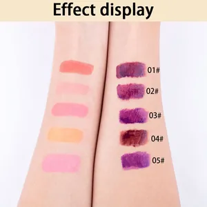 Detailed arm swatches of five different shades of waterproof tear-off lip gloss stains