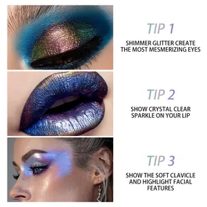 Macro detail of multichrome liquid eyeshadow effects on eyes, lips and face.