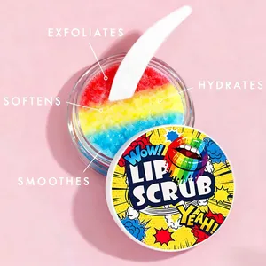 Detaillierte Nahaufnahme des regenbogenfarbenen Lippenpeelings mit Pop-Art-Deckel