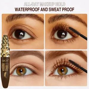 Close-up of QICIY brown mascara effect showing 24H waterproof and volumizing lash hold.