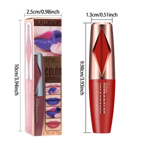 Detailed product dimensions for QICIY peel-off lip tattoo gloss gel with packaging box