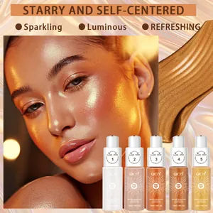 Set van vijf QICIY vloeibare highlighters die het glow-effect op het gezicht tonen.