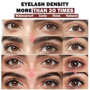 Vue détaillée de l'application du mascara montrant densité x20, courbure et étanchéité.