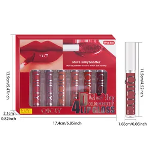 Detailed measurements of the 6-piece QICIY matte lip gloss set packaging and tube.