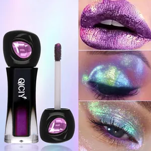 Close-up of chameleon liquid eyeshadow showing vibrant purple and green shimmer effects.