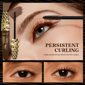Waterproof brown mascara detail showing persistent curling effect on long eyelashes