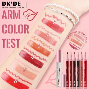 Detaillierte Arm-Swatches des wasserfesten DKDE 6-Farben-Lippenliners und Lippenöl-Sets