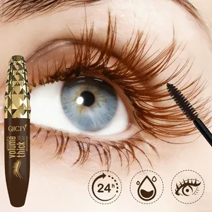 Macro detail of QICIY brown mascara for dramatic volumizing and curling effect on lashes