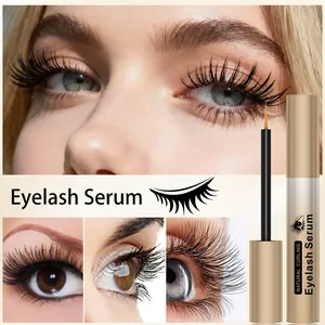 Detailed macro view showing long curled eyelashes and eyelash serum applicator brush