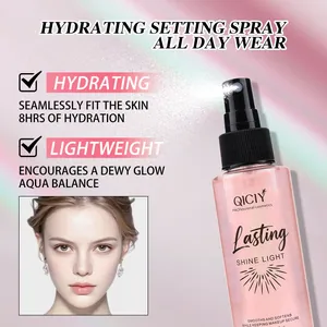 Close-up of hydrating setting spray with fine mist and dewy skin finish