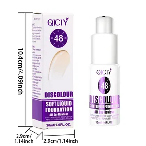 Gedetailleerd overzicht van QICIY discolour liquid foundation met 30ml fles en doos