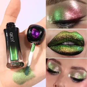 Macro detail of multichromatic chameleon liquid eyeshadow with intense green gold shimmer effect
