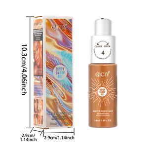 Gedetailleerde afmetingen van QICIY 30ml body glow oil fles en holografische verpakking