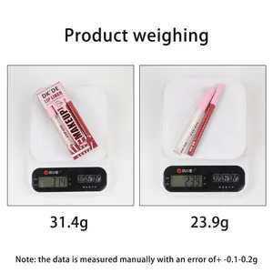 Produktwiegedetail für das DKDE Lippenkonturenstift- und Lippenöl-Set mit Messhinweis.