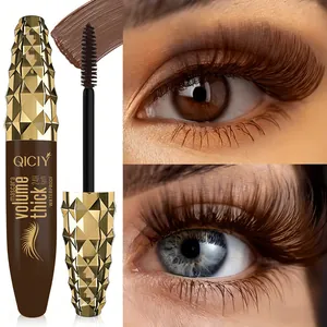 Detailed view of waterproof brown mascara showing volumizing effect on blue and brown eyes