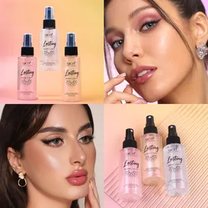 QICIY makeup setting spray four-panel view showing product and model makeup results