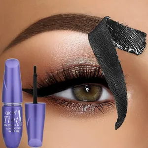 Detail of QICIY peel-off eyebrow tint gel with black smudge texture and eye makeup
