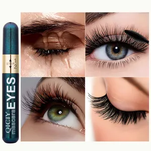 Detail of QICIY waterproof mascara showing lengthening effect and split eye views.