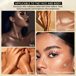 Κοντινά πλάνα υγρού highlighter σε πρόσωπο, πόδια και κλείδα για λαμπερό δέρμα.