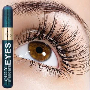 Close-up of QICIY mascara effect showing long, curled eyelashes and the teal product tube.