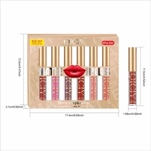 QICIY 6-piece matte lip gloss set dimensions showing box and individual tube sizes