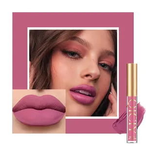 Close-up macro of matte plum lip gloss with professional model application and swatch detail