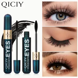 Detailed view of QICIY waterproof mascara showing dual-step brushes and lash results