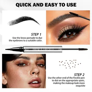 Detailed steps for using the dual-ended brow pomade and waterproof freckle pen.