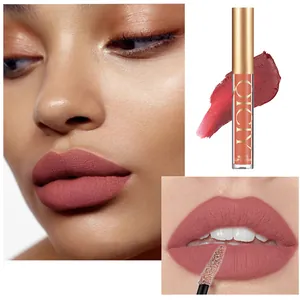 Detailed view of QICIY matte lip gloss showing rose pink shade on lips
