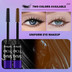 Close-up of black and brown mascara brushes with uniform eye makeup results on blue eyes.