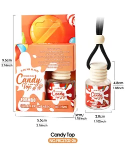 Detailed dimension view of the FORMBO car air freshener glass bottle and packaging box.