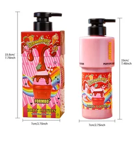 Gedetailleerd overzicht van FORMBO aardbei bodylotion fles en verpakking maten.