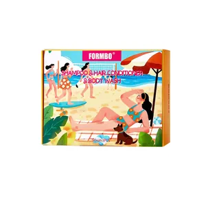 Set da viaggio FORMBO con shampoo, balsamo e bagnoschiuma in confezione da spiaggia.