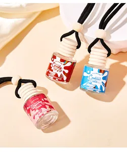 Detail of FORMBO car air freshener hanging glass bottles with wooden caps