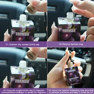 Guide d'utilisation du désodorisant de voiture FORMBO au parfum de raisin et bouchon bois