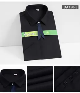 Detail of black bamboo fiber short-sleeve shirt with ribbon collar and fabric texture