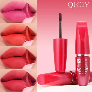 Detail showing the peel-off application of QICIY waterproof lip tint in various shades.