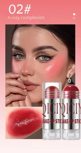 Detailed look of QICIY blush stick 02# showing a rosy skin effect and creamy swatch