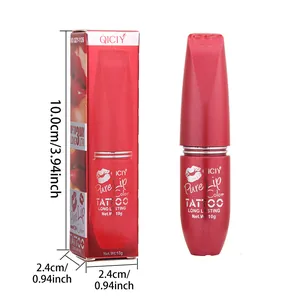 Λεπτομερής προβολή του QICIY peel-off lip gloss με διαστάσεις και κουτί συσκευασίας.