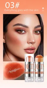 Detailed view of QICIY makeup stick 03# showing facial glow and arm swatch texture
