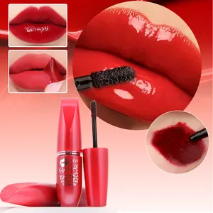 Detail view of waterproof peel-off lip stain showing red texture and application steps