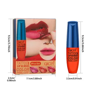 Detailed dimensions of QICIY peel-off tattoo lip gloss set showing tube and box sizes