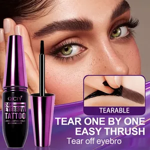 Close-up of QICIY 24H peel-off eyebrow tattoo gel showing the tearable application process
