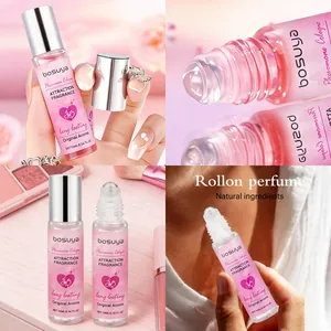 Vue détaillée en quatre panneaux du parfum roll-on Bosuya 10ml montrant l'application et la bille.