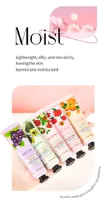 Detail view of five MEIDIÁN fruit-scented hand cream tubes with botanical illustrations